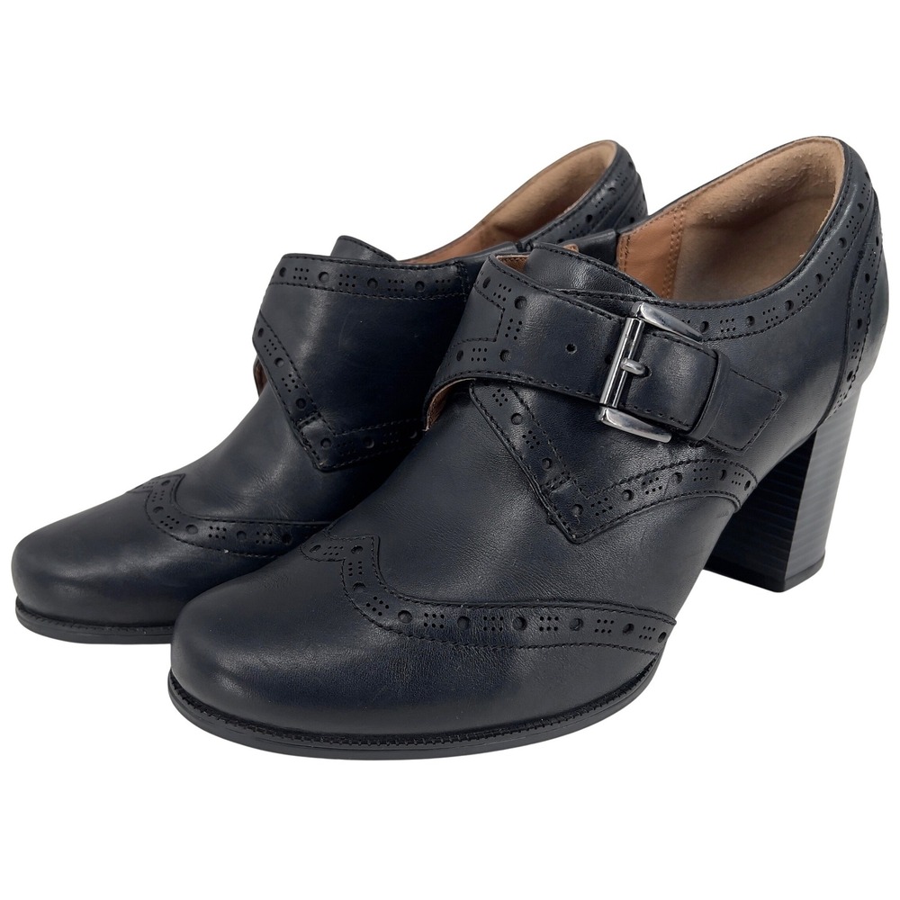 Clarks Artisan Womens Wingtip Brogue Monk Strap Heeled Black Leather Booties ‎ 8